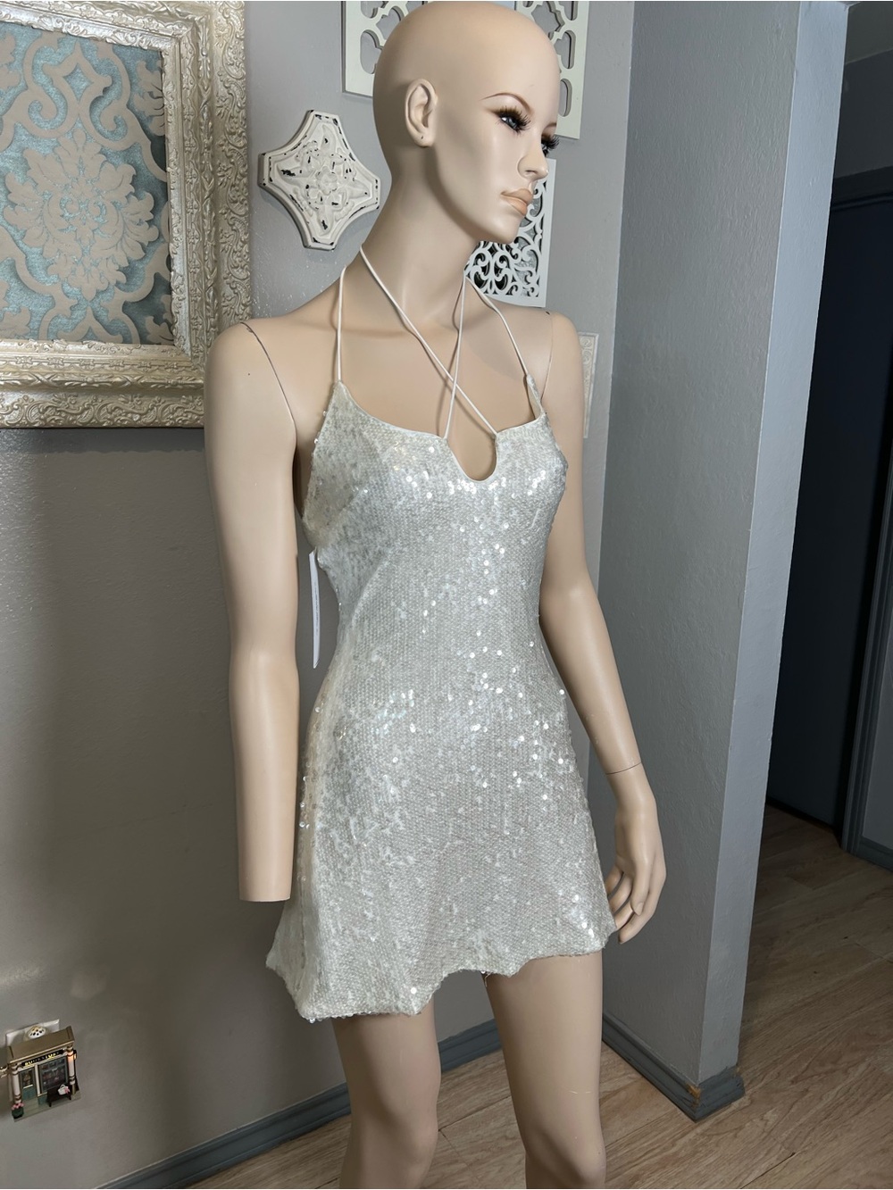 NWT Princess Polly Sequin Spaghetti Strap Mini Dress - white Silver - Picture 4 of 16